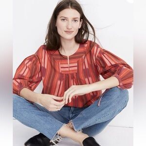 Madewell - Red Ikat Quarter Sleeve Colorful Boho Lightweight  Blouse Size XS